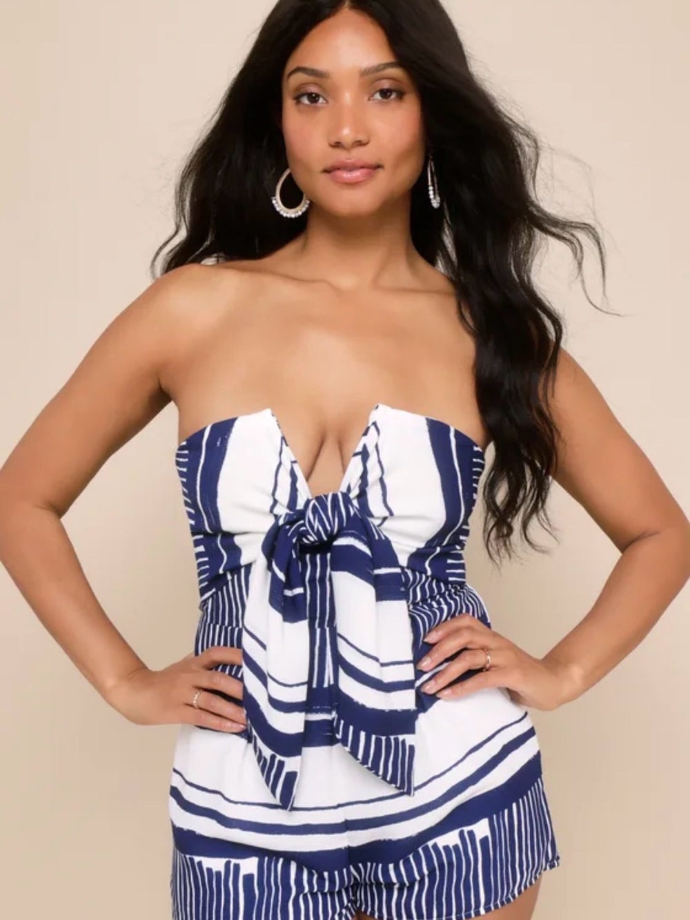 Lulu's Navy & White Strapless Tie-Front Romper - Picture 2 of 8